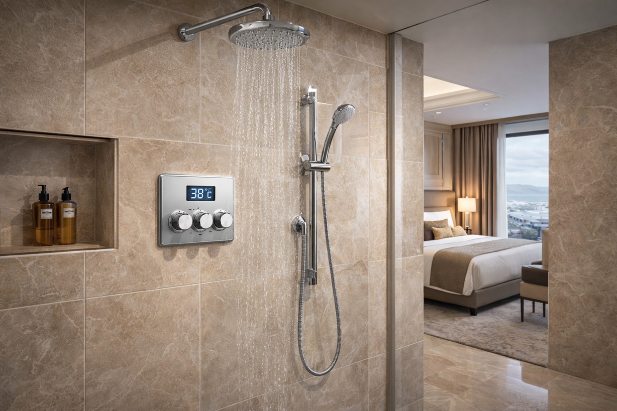 Luxury hotel shower system with thermostatic controls